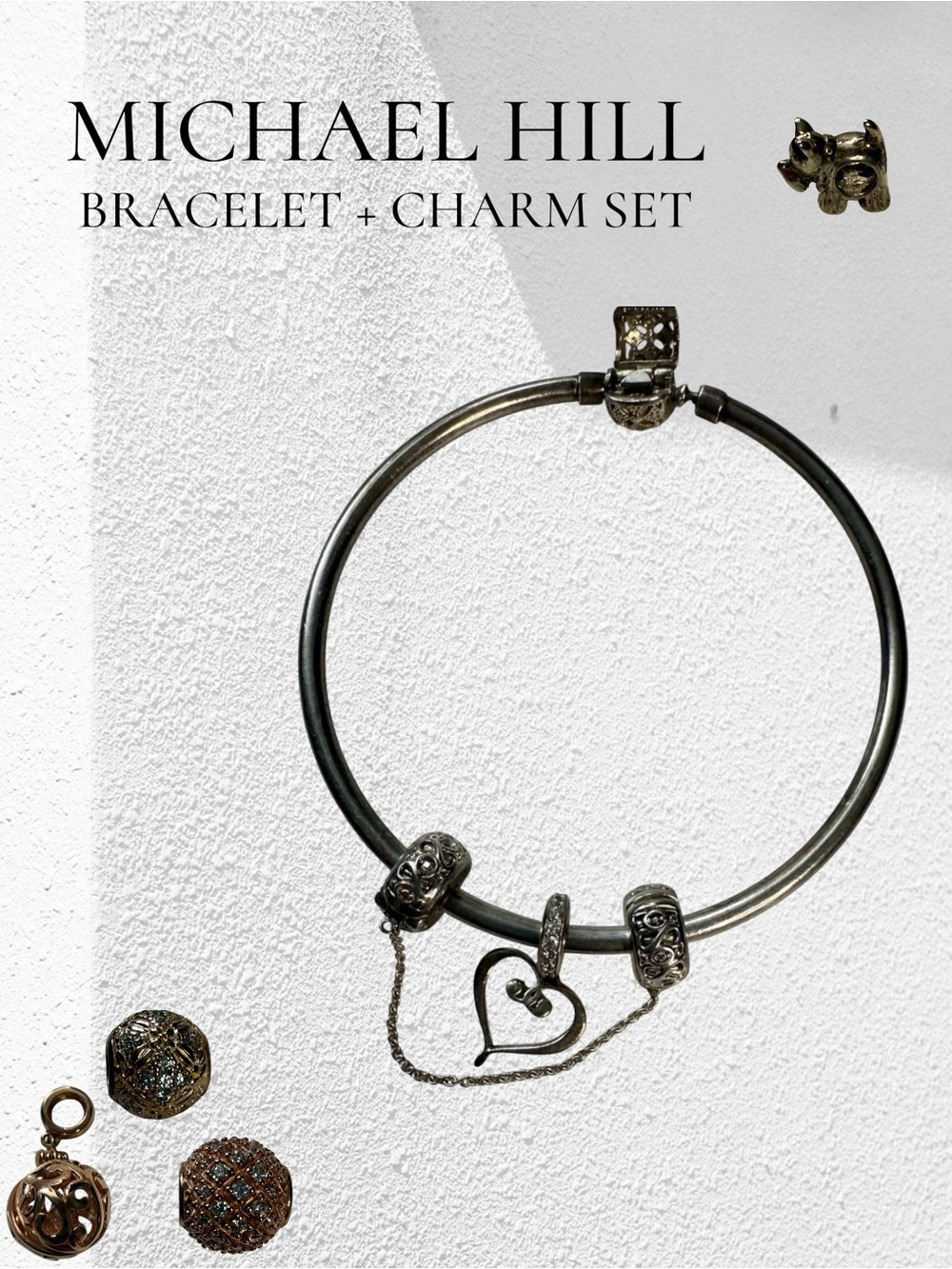 Michael Hill 925 Sterling Silver Charm Bangle Bracelet Bundle | Rose Gold Pavé